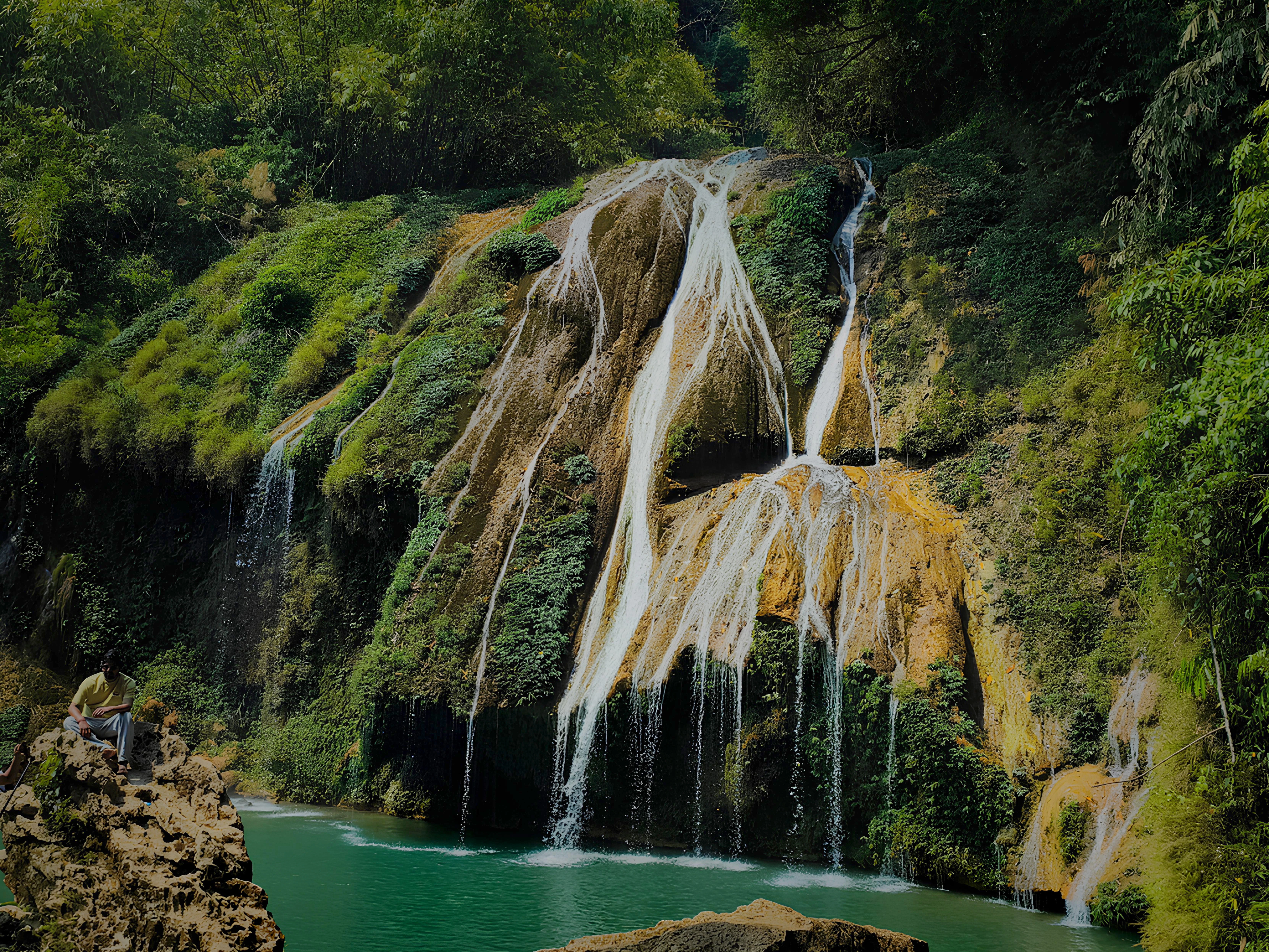 A beautiful waterfall flows amidst lush greenery.